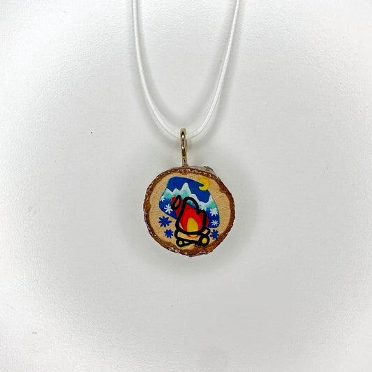Campfire In The Mountains Wooden Slice Pendant