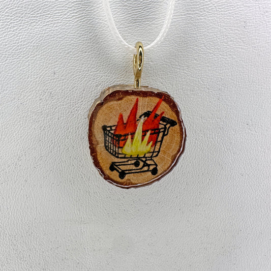 Flaming Shopping Cart Wooden Slice Pendant