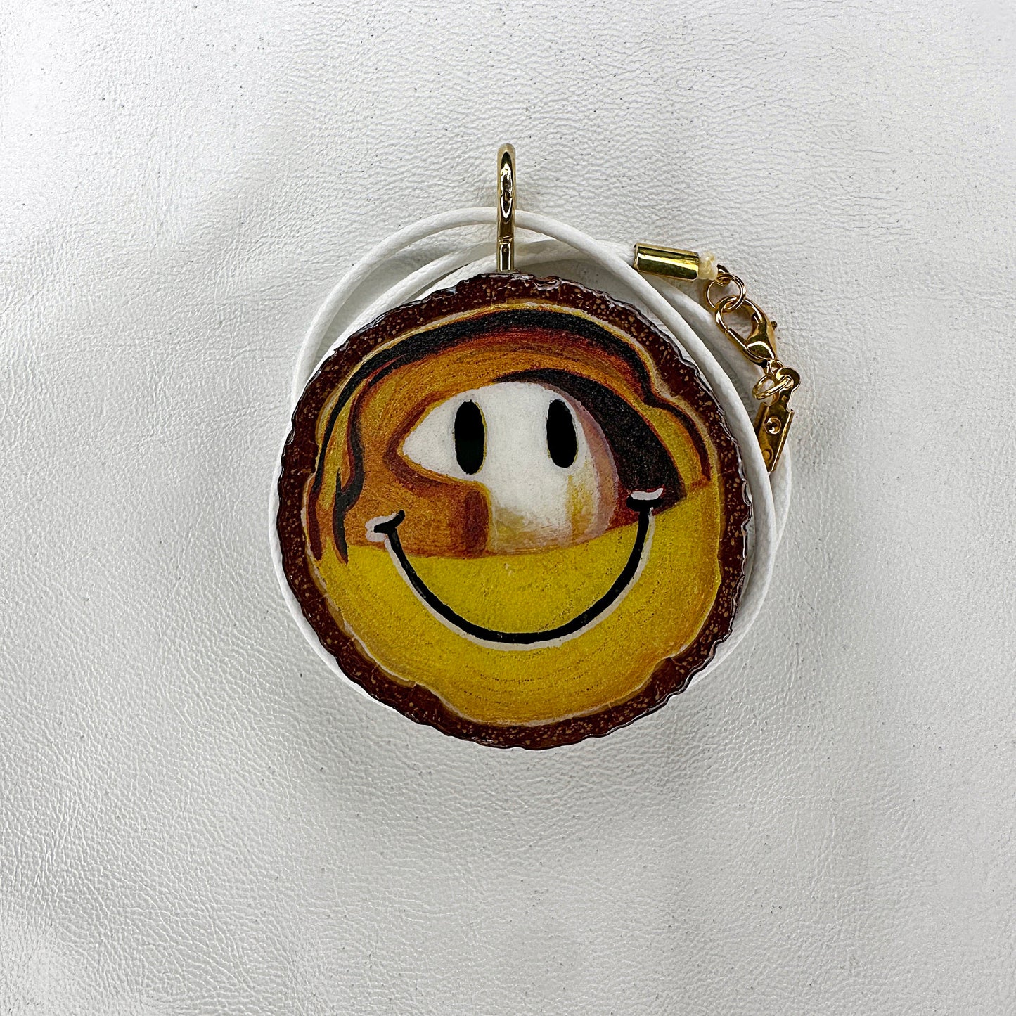 Golden Happy Face Wooden Slice Pendant