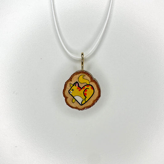 Heart-Shaped Yellow Cat Wooden Slice Pendant
