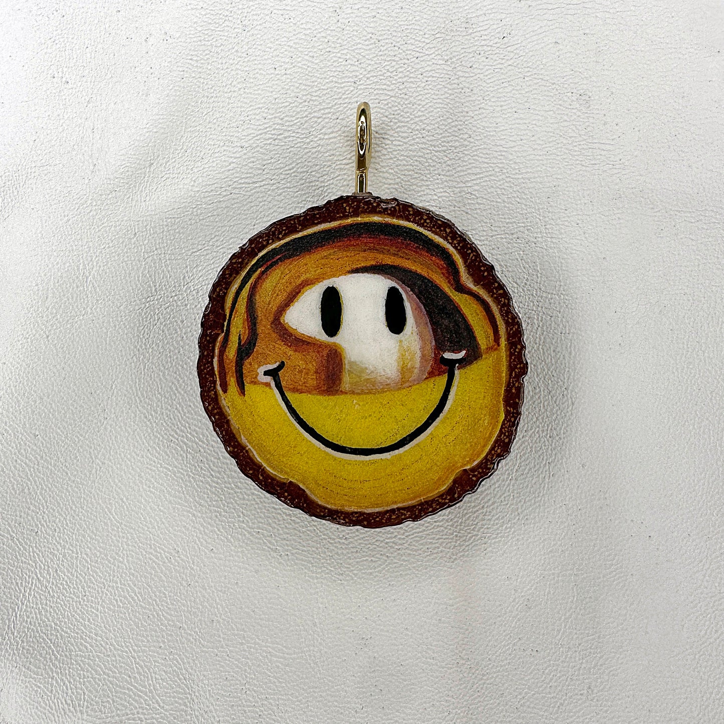 Golden Happy Face Wooden Slice Pendant