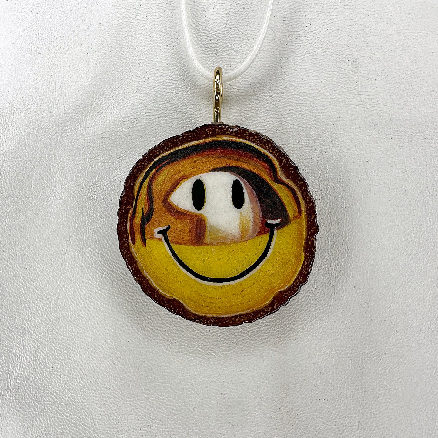 Golden Happy Face Wooden Slice Pendant