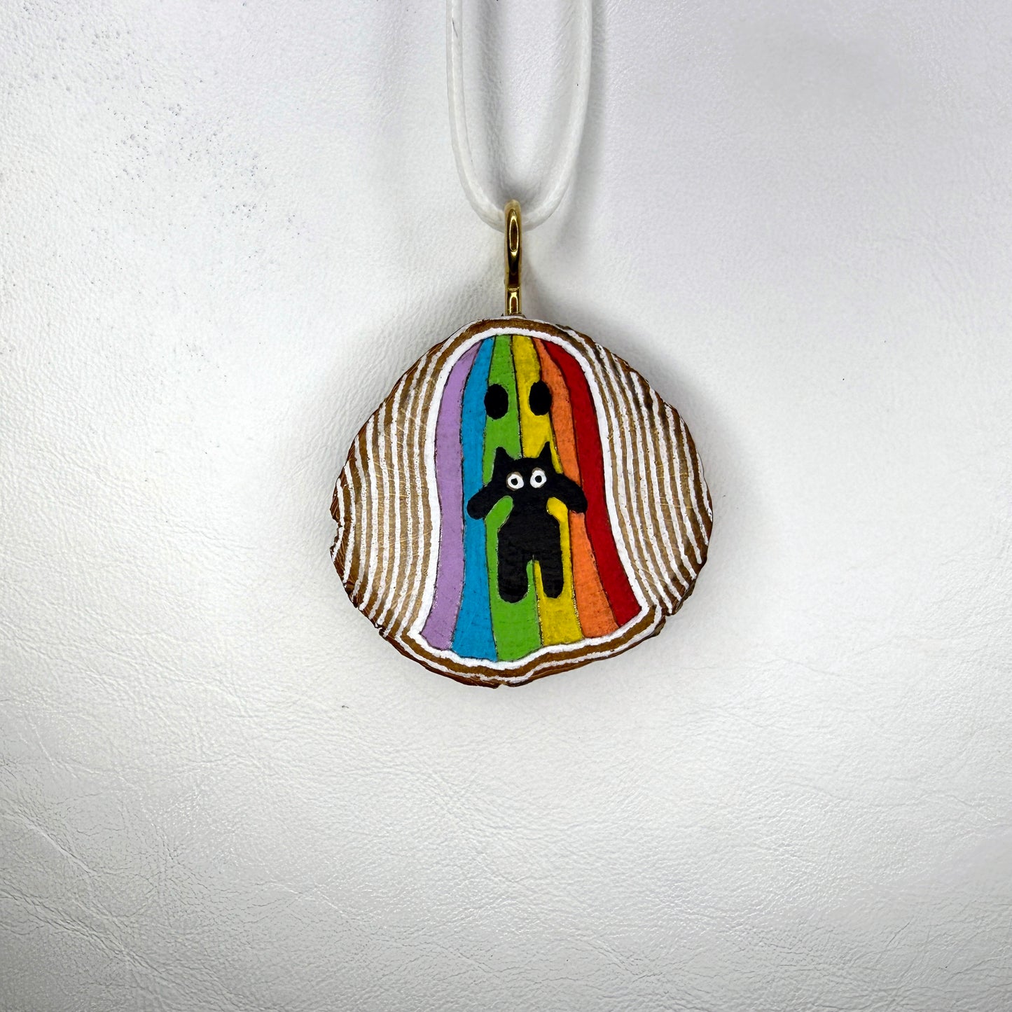 Rainbow Ghost & Cat Wooden Slice Pendant
