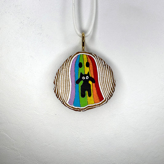 Rainbow Ghost & Cat Wooden Slice Pendant