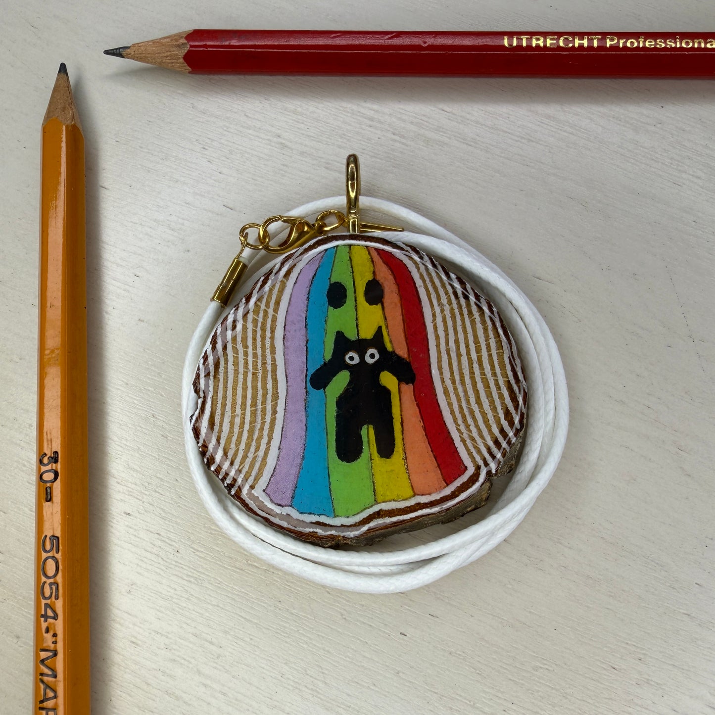 Rainbow Ghost & Cat Wooden Slice Pendant