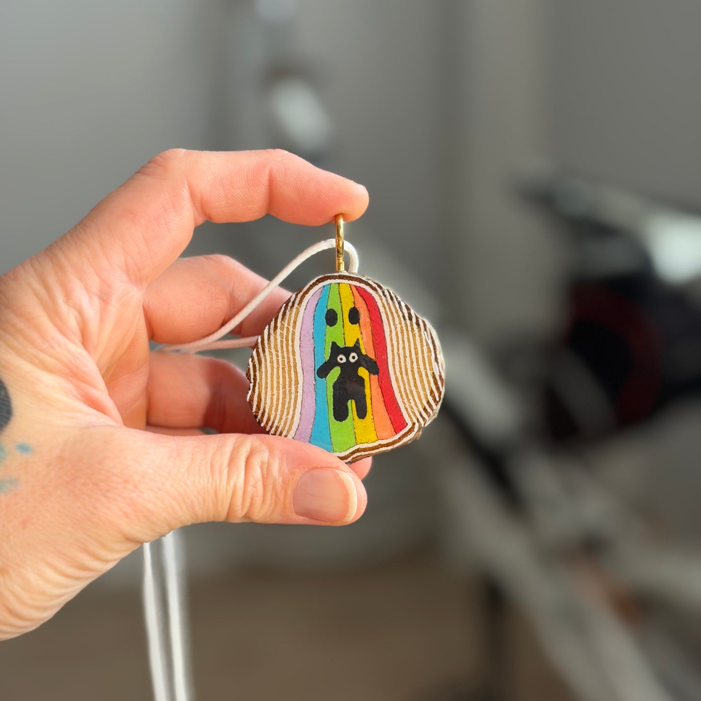 Rainbow Ghost & Cat Wooden Slice Pendant