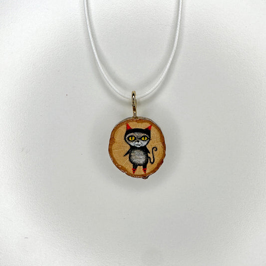 Skullcap Black Cat Wooden Slice Pendant